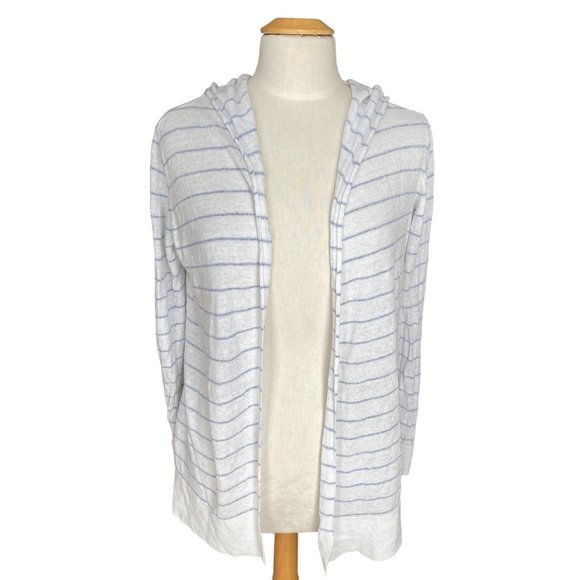 Cynthia Rowley Linen Cardigan Sz M Nautical Striped Coastal Grandma Hooded Beach - Picture 8 of 10